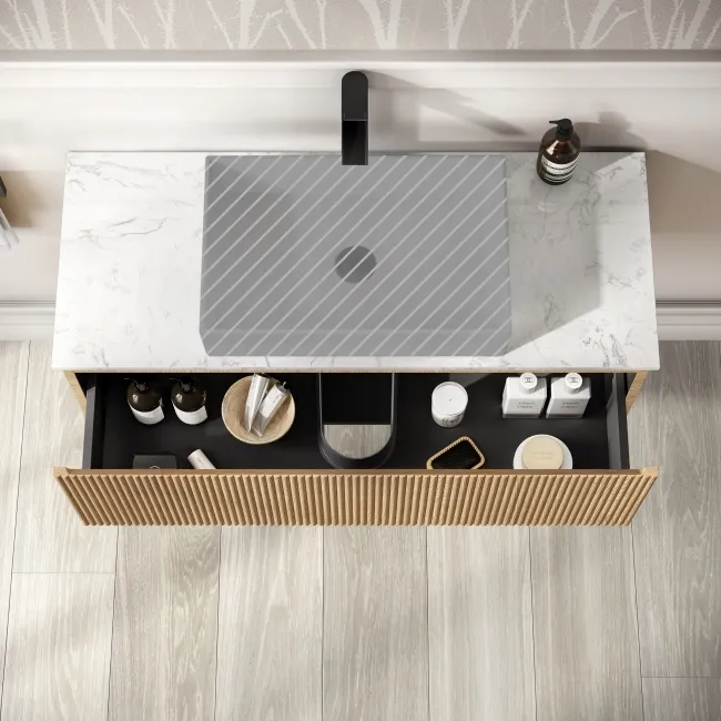 Malta Fluted Country Oak Wall Hung Drawer Vanity with Marble Top 1000mm - Excludes Counter Top Basin