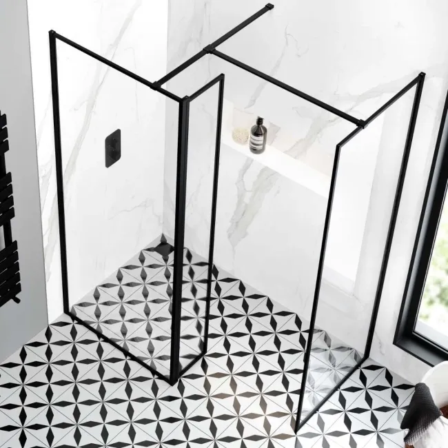 Munich Matt Black Framed 8mm Walk In Shower Enclosure 800mm & 800mm Glass with Pivotal Return Panel