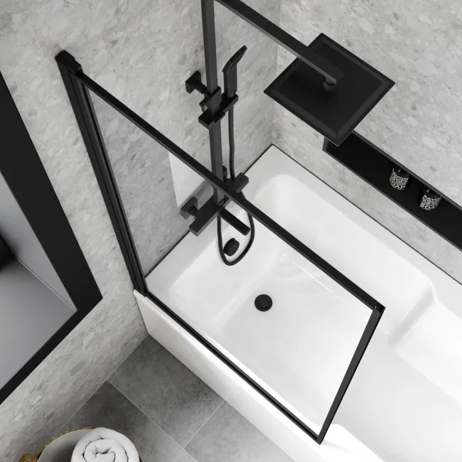 Dover 1600x750 Keyhole Shower Bath & 6mm Easy Clean Matt Black Framed Bath Screen
