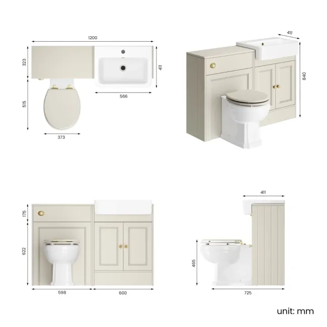 Monaco Chalk White Combination Vanity Basin and Hudson Toilet with Wooden Seat 1200mm - Brushed Brass Accents