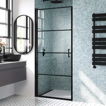 Toulon Matt Black Grid Easy Clean 6mm Pivot Shower Door 900mm