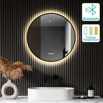 Delilah Black Framed Round Backlit LED Mirror With BLUETOOTH Speaker 600mm