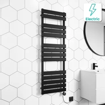 Santorini Electric Matt Black Flat Panel Heated Towel Rail 1400x450mm