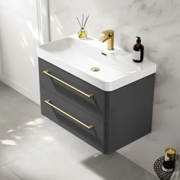 Omaha Slate Grey Wall Hung Basin Drawer Vanity 800mm - Brushed Brass Accents
