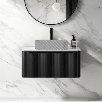 Sorrento Fluted Matt Black Wall Hung Drawer Vanity with Marble Top 800mm - Excludes Counter Top Basin