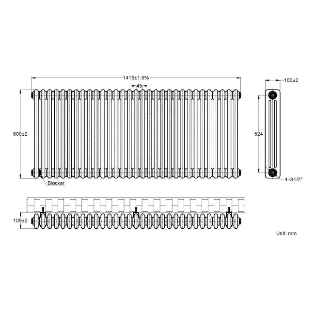 Athens Anthracite Triple Column Horizontal Traditional Radiator 600x1415mm