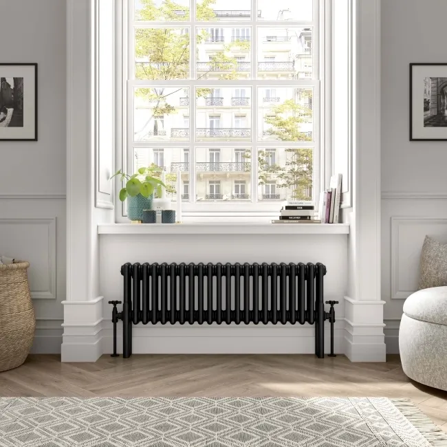 Athens Matt Black Triple Column Horizontal Traditional Radiator 300x1010mm