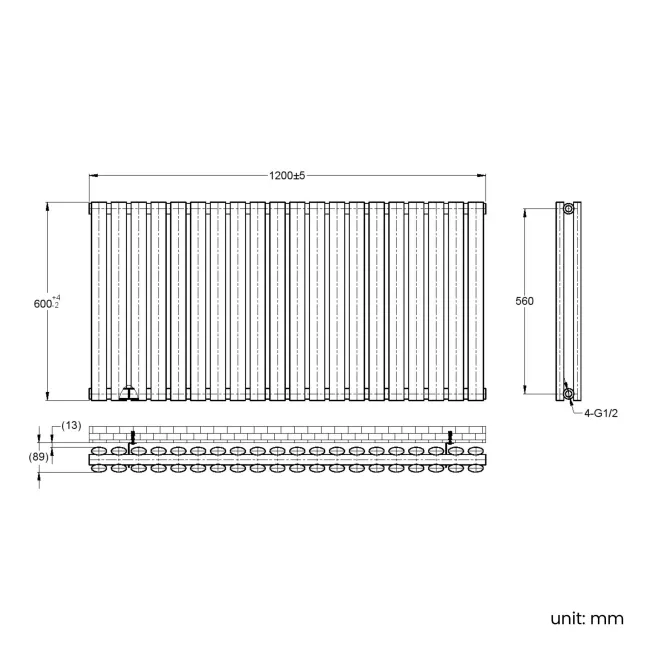 Marbella Matt Black Double Oval Panel Radiator 600x1200mm