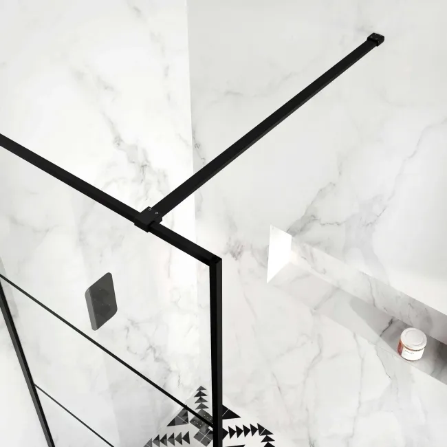 Munich Matt Black Grid Easy Clean 8mm Wet Room Shower Glass Panel 900mm