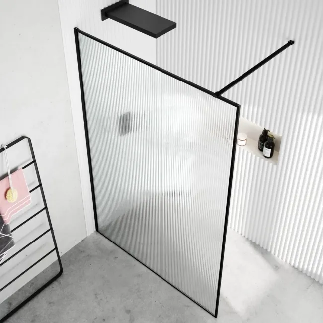 Munich Fluted Effect Matt Black Framed Easy Clean 8mm Wet Room Shower Glass Panel 1400mm