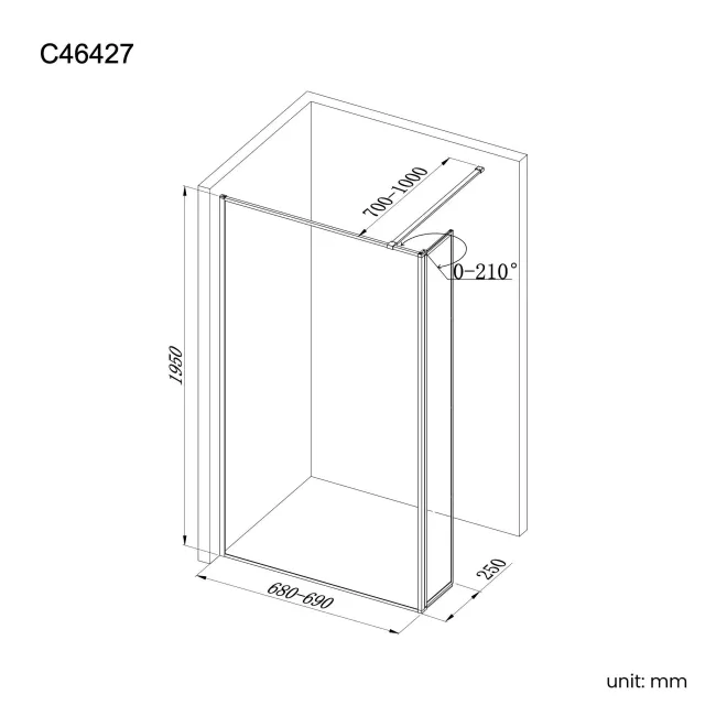 Munich Fluted Effect Brushed Brass 8mm Wet Room Shower Glass 700mm & 250mm Pivotal Return Panel