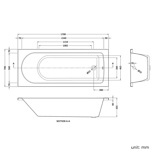 Stafford 1700x700 Shower Bath & 4mm Screen