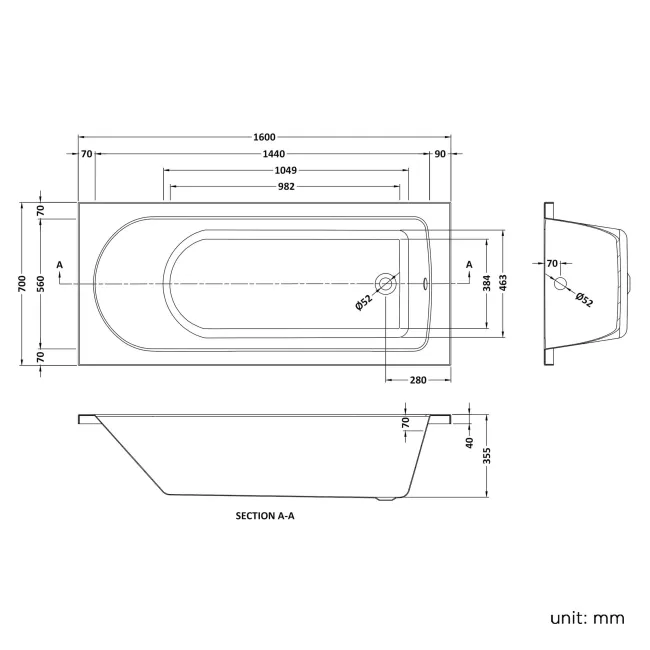 Stafford 1600x700 Round Shower Bath & 6mm Easy Clean Screen