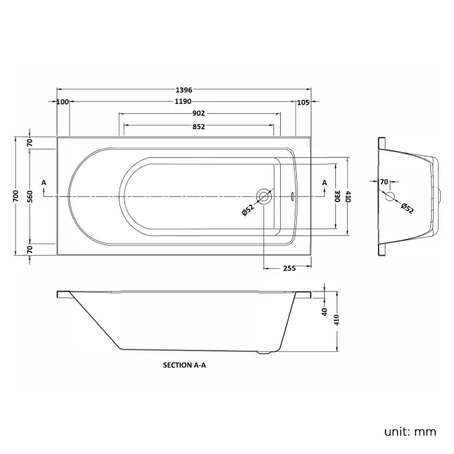 Stafford 1400x700 Round Shower Bath & 6mm Easy Clean Matt Black Grid Bath Screen