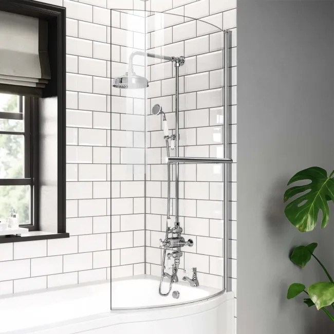 P Shaped 1700 Shower Bath with Front Panel & 6mm Easy Clean Screen with Rail - Right Handed