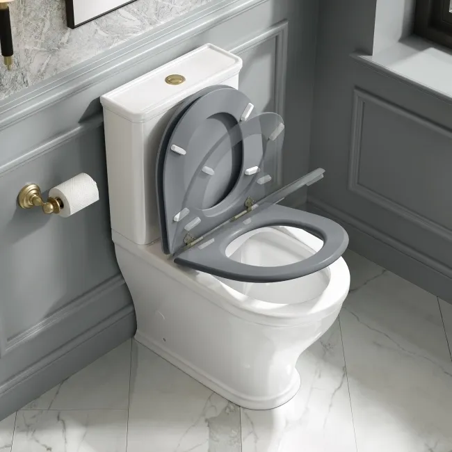 Kansas Traditional Rimless Close Coupled Toilet With Dove Grey Wooden Seat - Brushed Brass Hinges