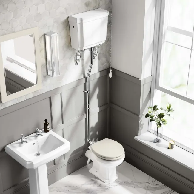 Hudson Traditional High-Level Toilet With Chalk White Seat & Pedestal Basin - Double Tap Hole