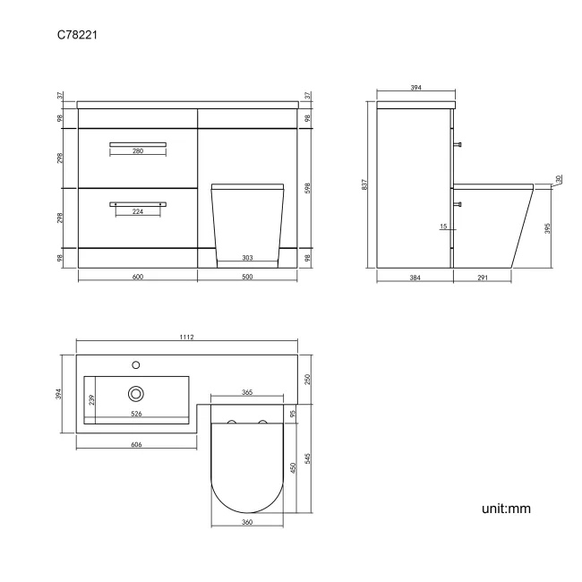 Avon Gloss White Combination Basin Drawer and Boston Toilet 1100mm - Left Handed