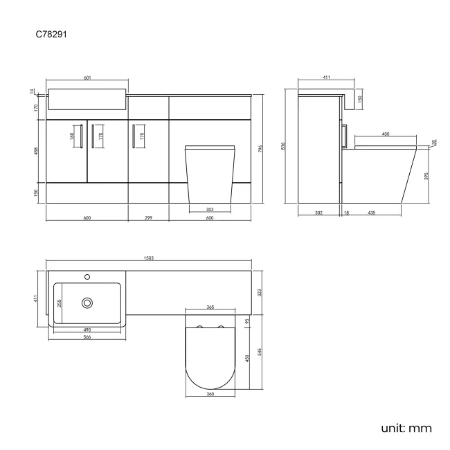 Harper Charcoal Elm Combination Vanity Basin with Marble Top & Boston Toilet 1500mm