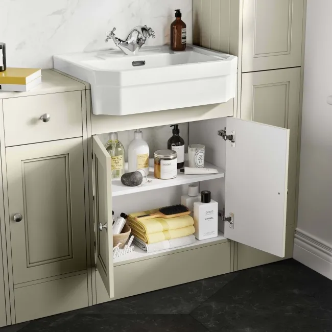 Monaco Chalk White Combination Vanity Traditional Basin and Hudson Toilet with Wooden Seat 1500mm