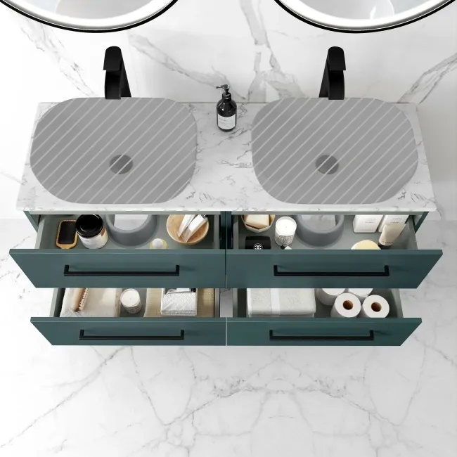 Elba Midnight Green Wall Hung Drawer with Marble Top 1200mm Excludes Basins - Black Accents