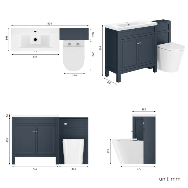 Bermuda Inky Blue Combination Vanity Basin and Boston Toilet 1300mm