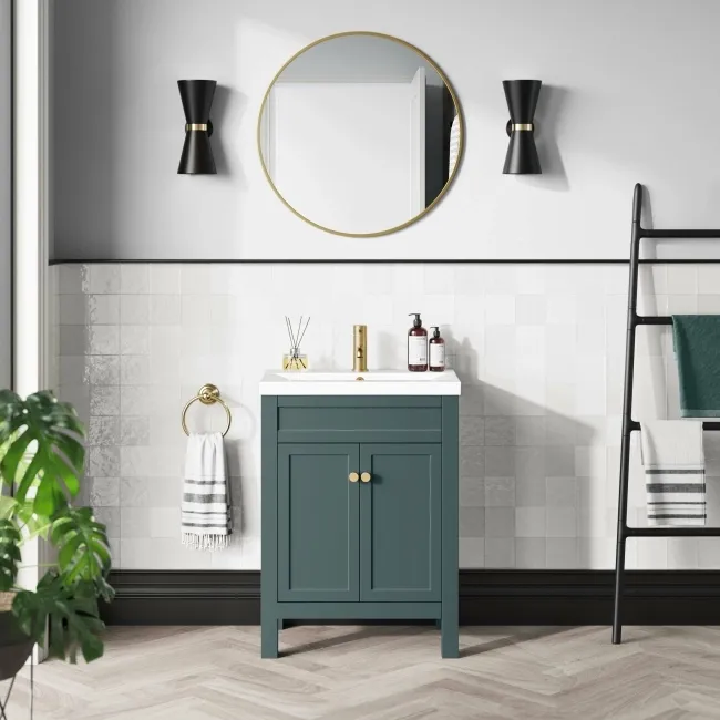 Bermuda Midnight Green Basin Vanity 600mm - Brushed Brass Accents