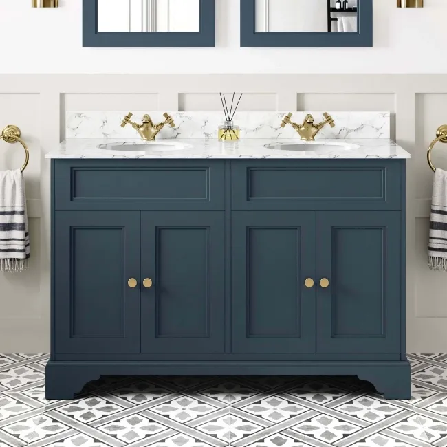 Lucia Inky Blue Double Vanity with Marble Top & Undermount Basins 1200mm - Brushed Brass Accents