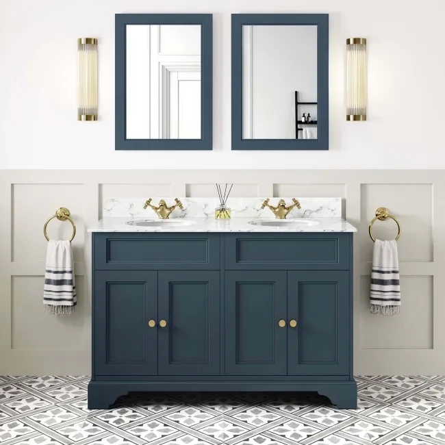 Lucia Inky Blue Double Vanity with Marble Top & Undermount Basins 1200mm - Brushed Brass Accents