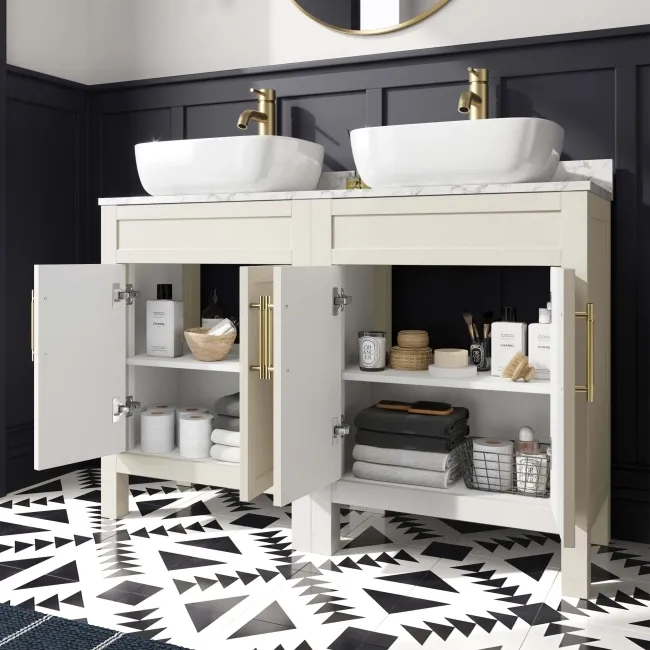 Bermuda Chalk White Vanity with Marble Top & Curved Counter Top Basin 1200mm - Brass Knurled Handles