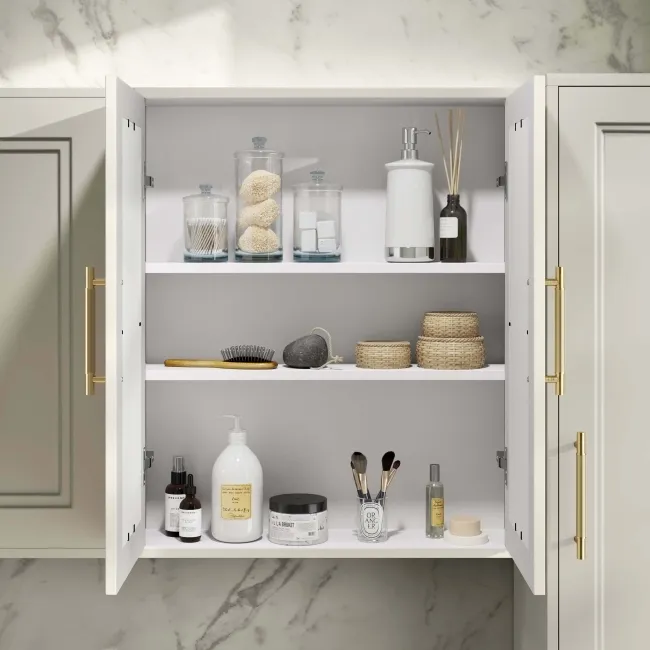 Chalk White Wall Hung Mirror Cabinet 700x600mm - Brass Knurled Handles