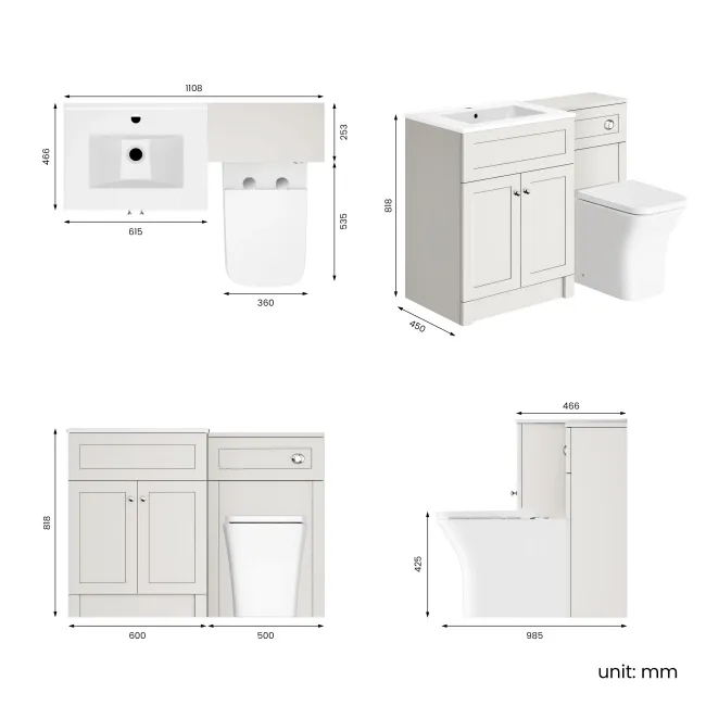 Milos Cotton White Combination Vanity Basin and Houston Toilet 1100mm - Chrome Handles