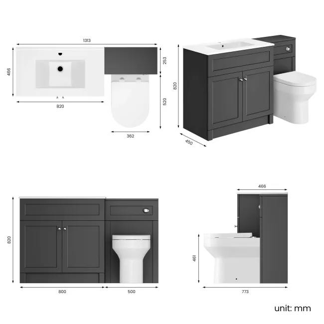 Milos Slate Grey Combination Vanity Basin and Denver Toilet 1300mm - Chrome Handles