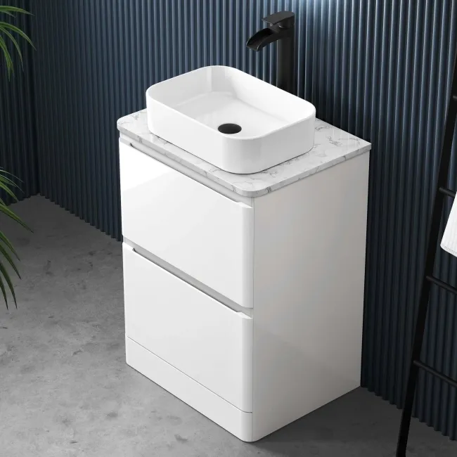 Corsica Gloss White Vanity Drawer with Marble Top & Marin Basin 600mm