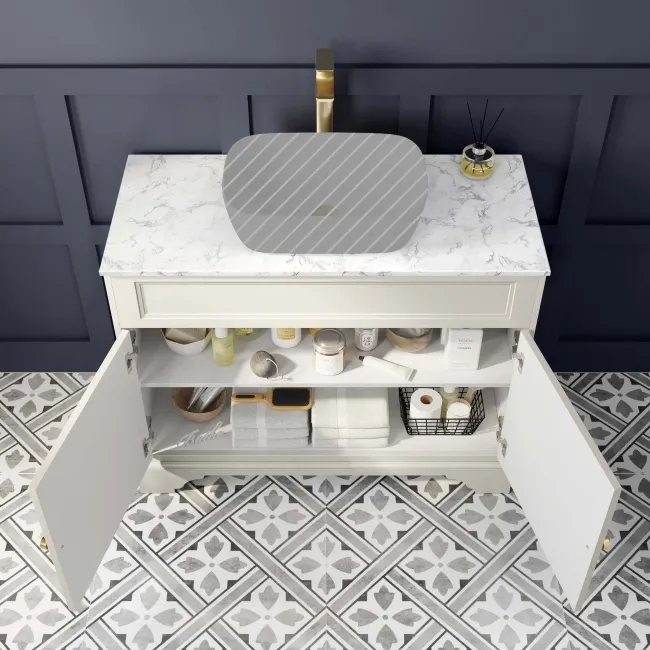 Lucia Chalk White Cabinet with Marble Top 1030mm (Excludes Counter Top Basin) - Brushed Brass Accents