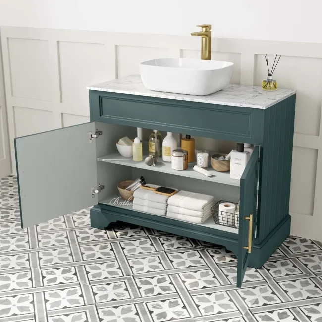 Lucia Midnight Green Vanity with Marble Top & Curved Counter Top Basin 1030mm - Brass Knurled Handles