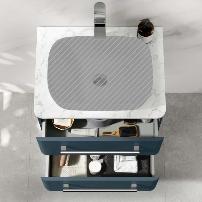 Omaha Navy Blue Wall Hung Drawer Vanity with Marble Top 600mm - Excludes Counter Top Basin