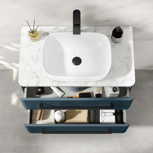 Omaha Navy Blue Wall Hung Drawer Vanity with Marble Top & Curved Counter Top Basin 800mm - Black Accents