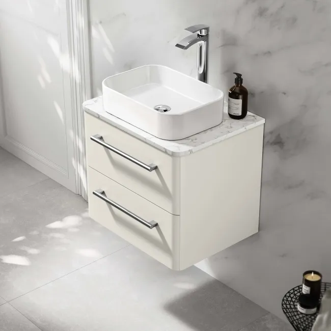 Omaha Linen White Wall Hung Drawer Vanity with Marble Top & Marin Basin 600mm