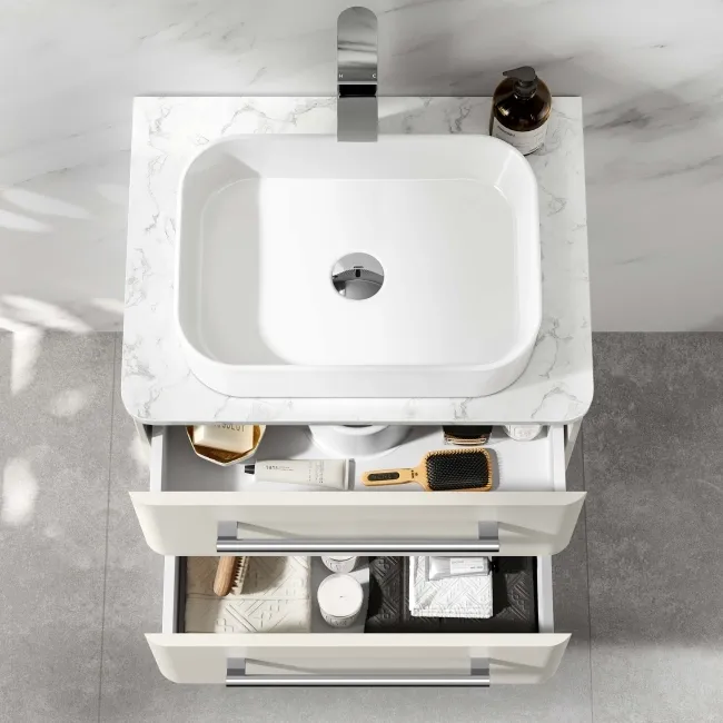Omaha Linen White Wall Hung Drawer Vanity with Marble Top & Marin Basin 600mm