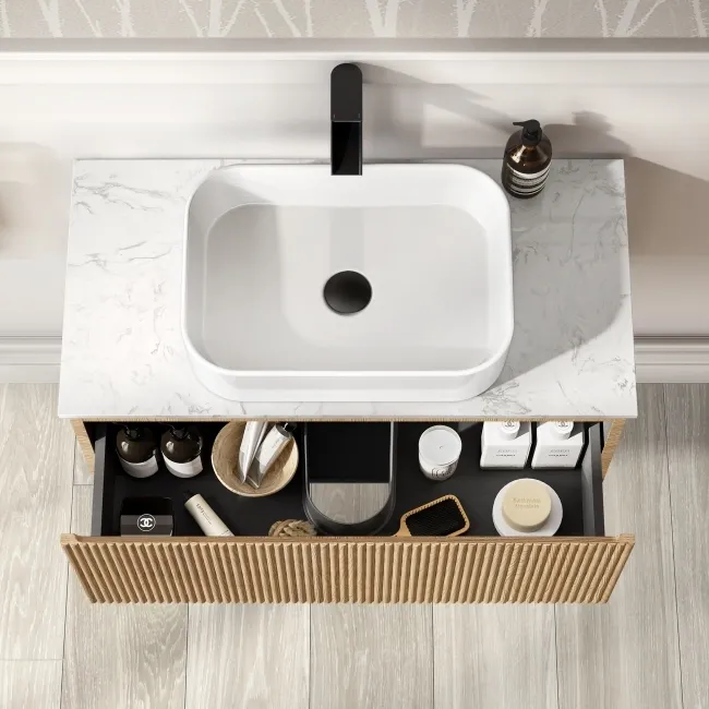 Malta Fluted Country Oak Wall Hung Drawer Vanity with Marble Top & Marin Basin 800mm