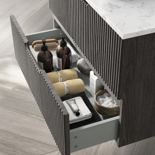 Crete Fluted Charcoal Elm Wall Hung Drawer Vanity with Marble Top & Reno Basin 800mm