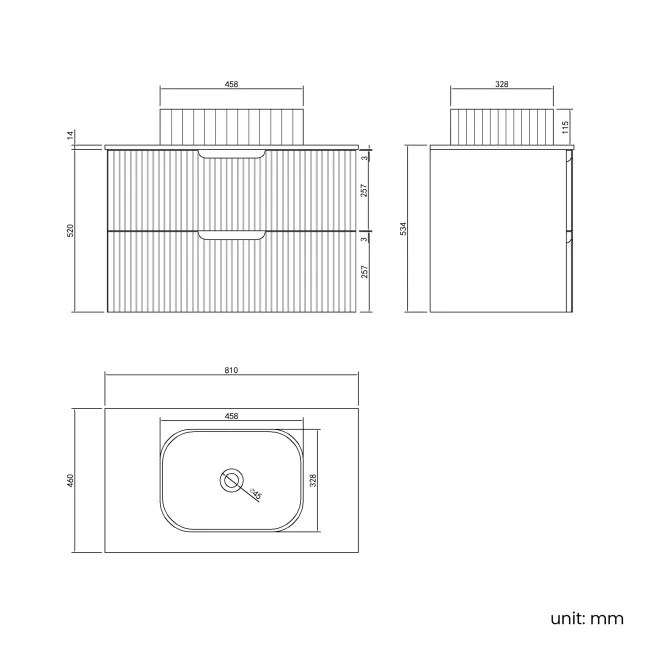 Crete Fluted Charcoal Elm Wall Hung Drawer Vanity with Marble Top & Reno Basin 800mm