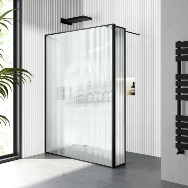 Munich Fluted Effect Matt Black Framed 8mm Wet Room Shower Glass 1400mm & 250mm Pivotal Return Panel