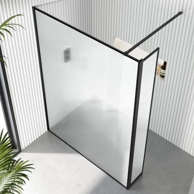 Munich Fluted Effect Matt Black Framed 8mm Wet Room Shower Glass 1400mm & 250mm Pivotal Return Panel