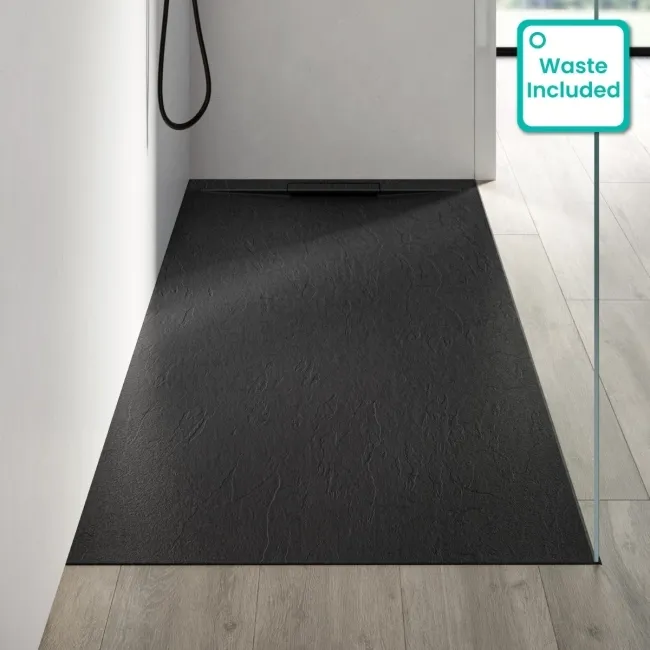 Tokyo Rectangular Matt Black Slate Texture Stone Shower Tray 1800x900mm