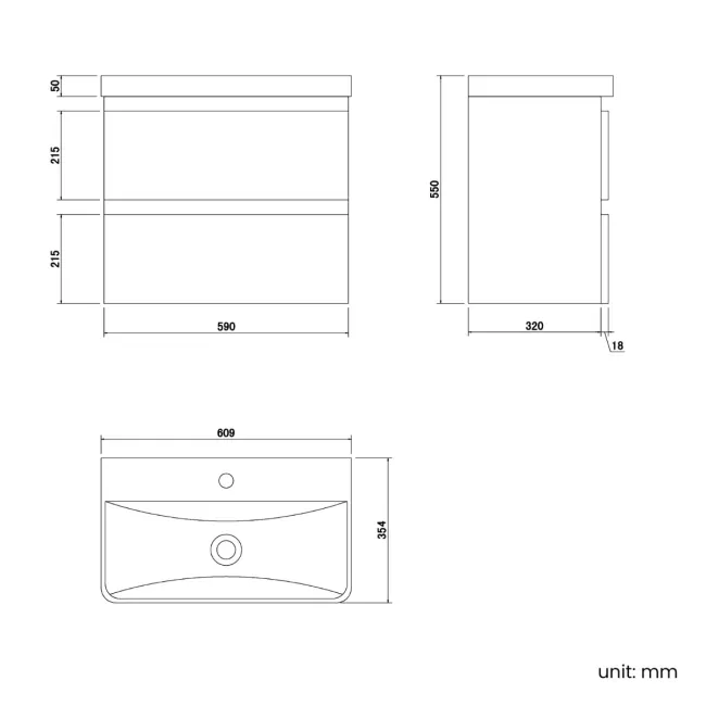 Corsica Gloss White Wall Hung Slimline Basin Drawer Vanity 600mm