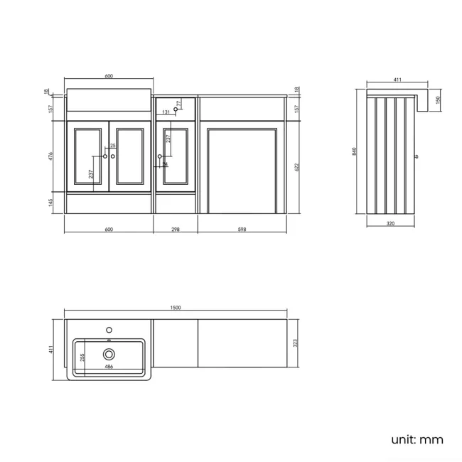 Monaco Chalk White Combination Vanity Basin 1500mm (excludes Pan + Cistern)