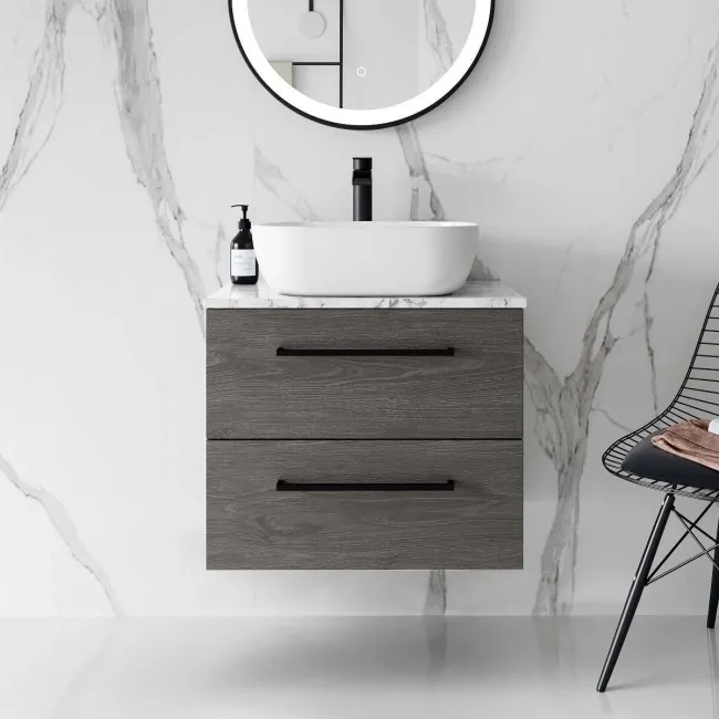 Elba Charcoal Elm Wall Hung Drawer Vanity with Marble Top & Curved Counter Top Basin 600mm - Black Accents
