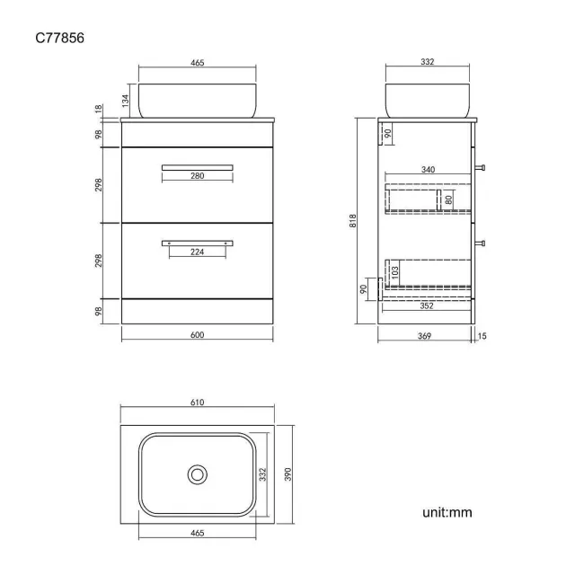Avon Gloss White Vanity Drawer with Curved Counter Top Basin 600mm - Black Accents
